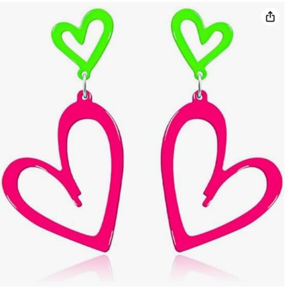 Neon Pink Open Heart Dangles from a Neon Green Open Heart - Picture 6 of 6